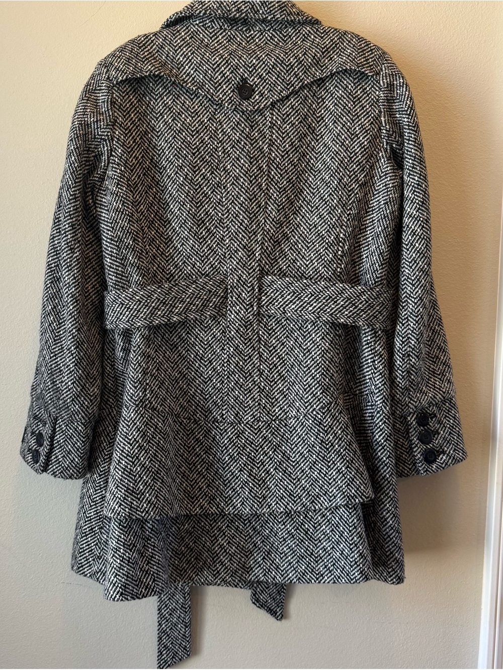 Jones NY Tweed Peacoat 14 Black White Herringbone Belted WoolBlend Coat Academia - Picture 8 of 16